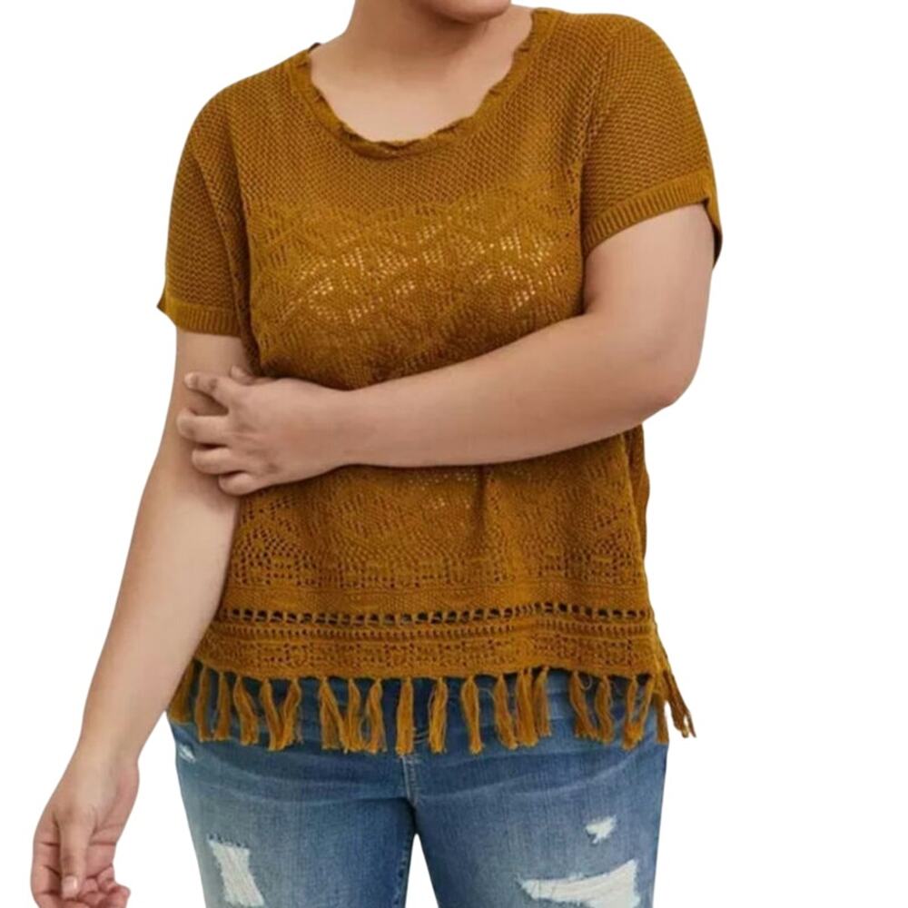 Torrid Boho Pullover Short Sleeve Fringe Hem Sweater in Yellow